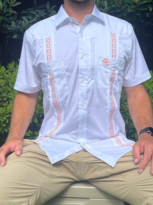 The ‘Horn Guayabera (White/Burnt Orange)